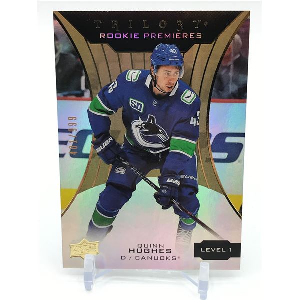2019-20 UPPER DECK TRILOGY HOCKEY QUINN HUGHES ROOKIE PREMIERES TRADING CARD