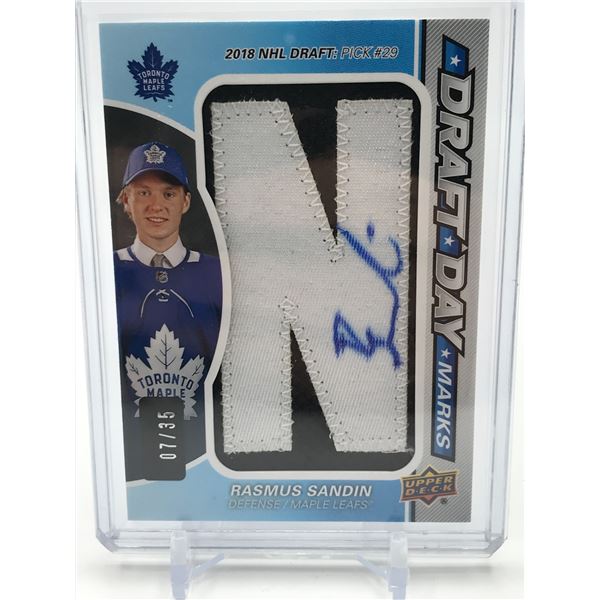 2019-20 UPPER DECK SP GAME USER HOCKEY DRAFT DAY RASMUS SANDIN PATCH TRADING CARD - 07/35
