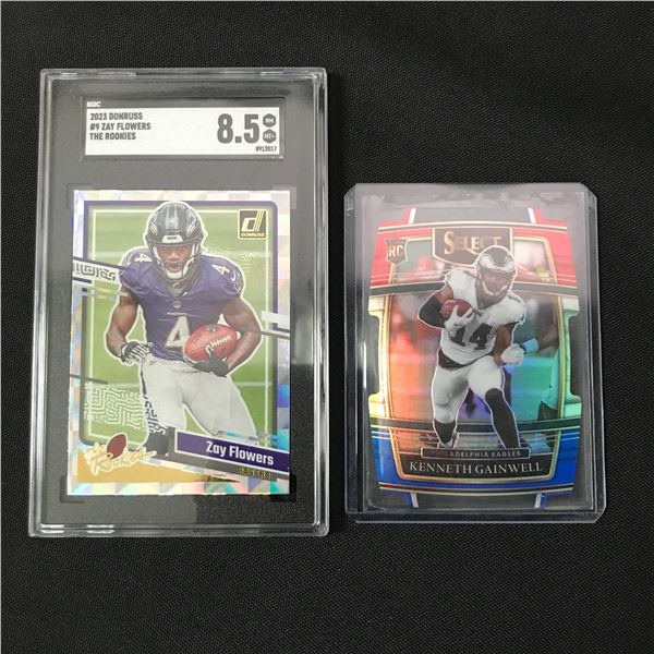 LOT OF 2 FOOTBALL TRADING CARDS - INCLUDING 2023 DONRUSS OPTIC ZAY FLOWERS TRADING CARD - SGC 8.5