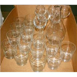 Box Lot of Etched Glasses and Crystal Wine Glasses