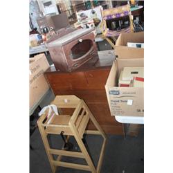 Dresser, high chair, and bread box