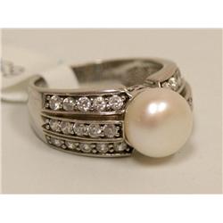 Sterling Silver Ring With Pearl & CZ's