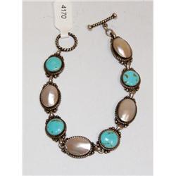 Sterling Silver 8 Panel Mother Of Pearl & Terquois