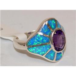 Sterling Rin W/Channel Set Opals & 1.5ct Amethyst
