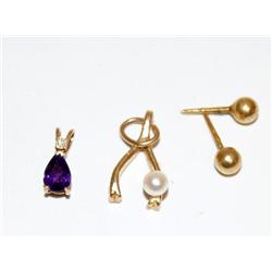 AAA Amethyst, White Pearl Pendant & Gold Earrings