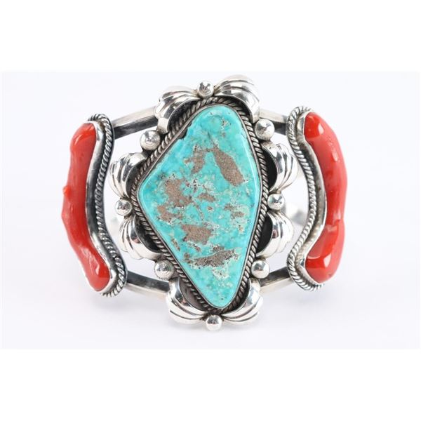 Navajo Turquoise & Coral Cuff.