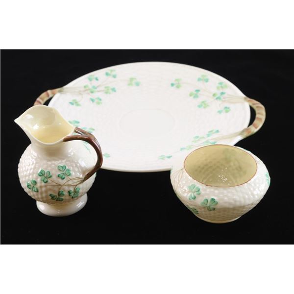 Belleek Serving Plate w/ Sugar Bowl & Creamer.
