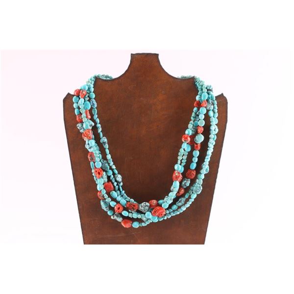 5 Strand Turquoise & Branch Coral Necklace.