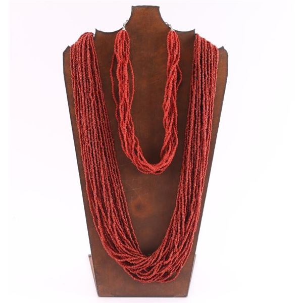 Lot of 2 Coral Seed Bead Necklaces.