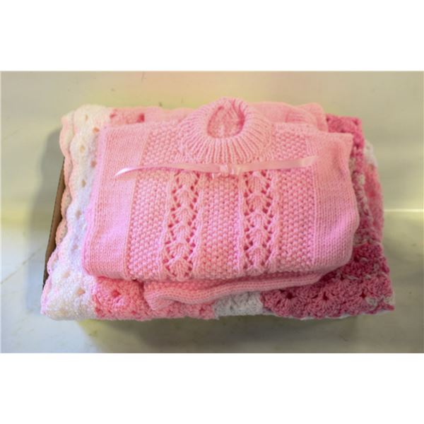 NEW HAND-MADE KNITTED PINK BABY OUTFIT & BLANKETS,