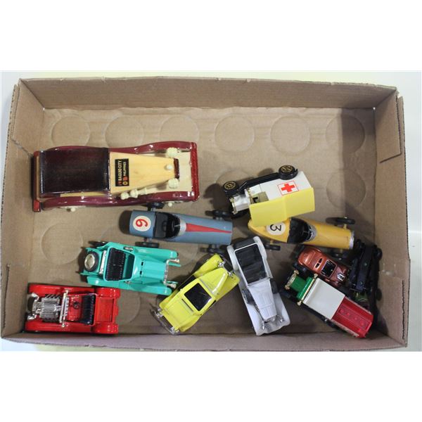 12 VINTAGE OLD-FASHIONED CARS & TRUCKS, TOYS