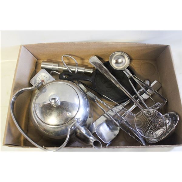 CAST IRON PAN, TEAPOT & KITCHEN SILVERWARES LOT