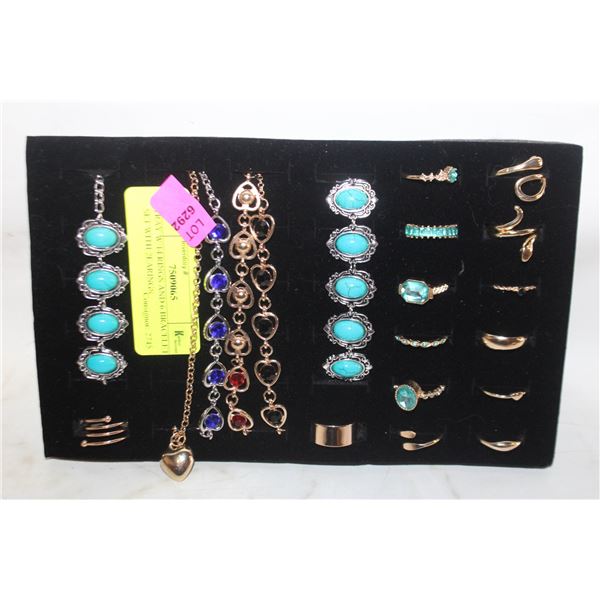 TRAY W/14 RINGS AND 6 BRACELETS SET WITH 2EARINGS