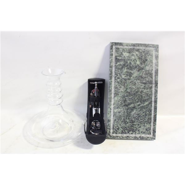 GREEN MARBLE SERVING TRAY & GLASS WINE DECANTER