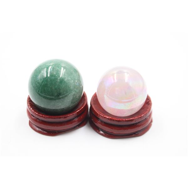 #214-NATURAL GREEN AVENTURINE & AURA QZ SPHERE BAL