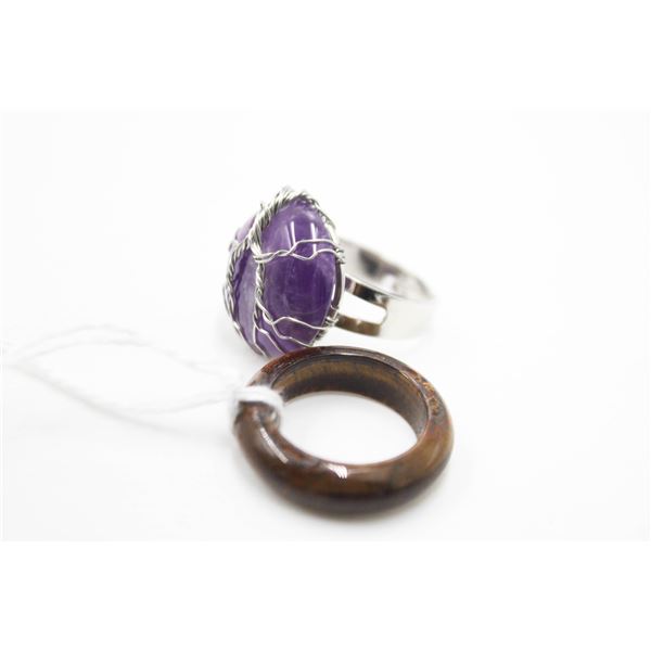 #247- NATURAL AMETHYST &TIGER EYEY  RING 2 PCS