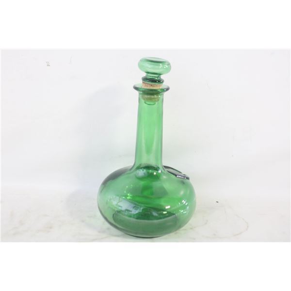 GREEN GLASS DECANTER WITH CORK STOPPER H-7"