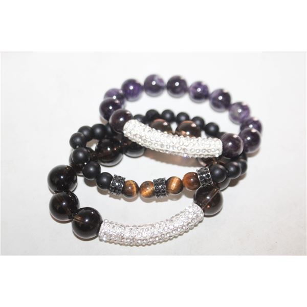 3 POLISHED GEMSTONE BRACELETS