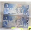 Image 2 : LOT OF TWO UNCIRCULATED $5 BILLS