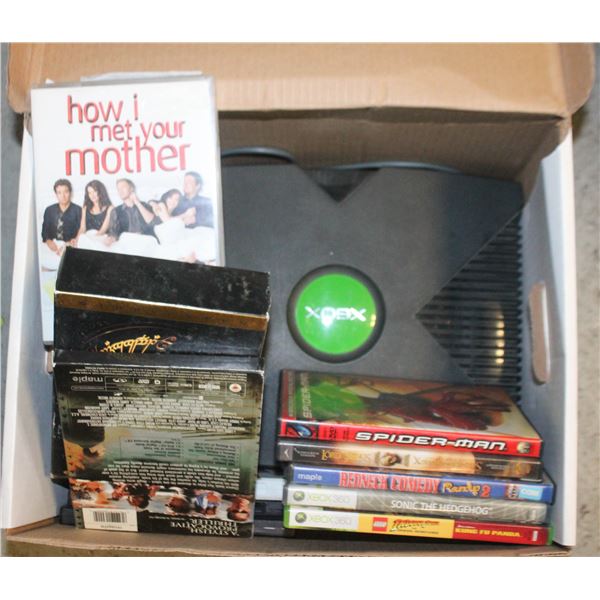 XBOX+ASSORTED GAMES/DVDS- NO CONTROLER