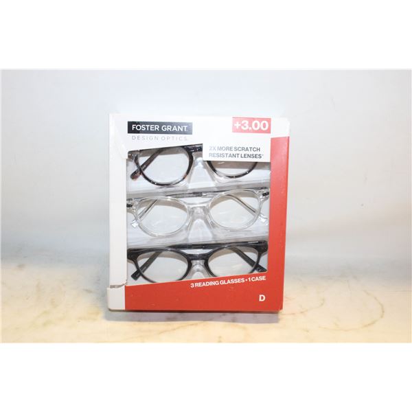 FOSTER GRANT 3 READING GLASSES, 1 CASE, +3.00 LDS