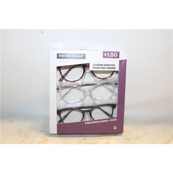 FOSTER GRANT 3 READING GLASSES, 1 CASE, +1.50 LDS
