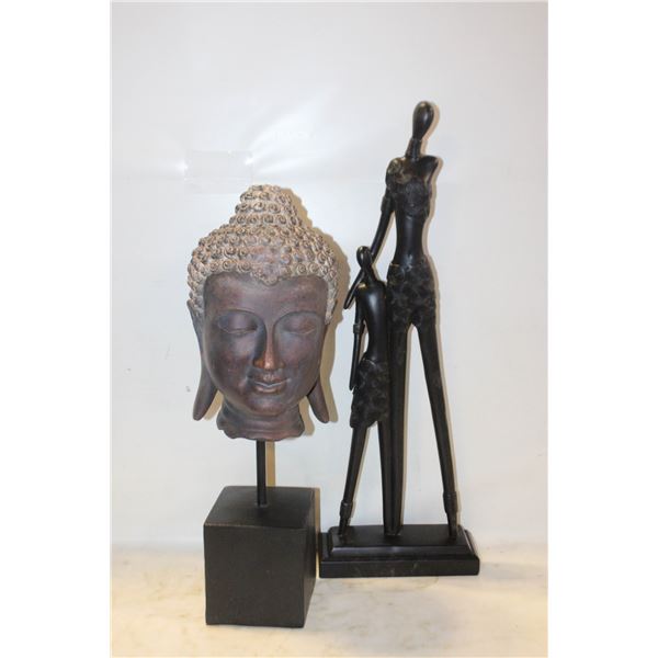 2 SCULPTURES, 1 BUDDHA BUST, 1 AFRICAN SCULPTURE