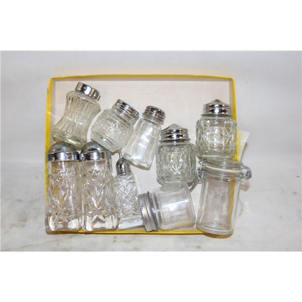 VINTAGE CRYSTAL SALT & PEPPER SHAKERS & MASON