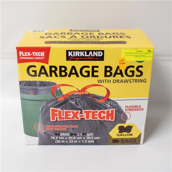 NEW BOX WITH 87 K.S. GARBAGE BAGS WITH DRAWSTRING
