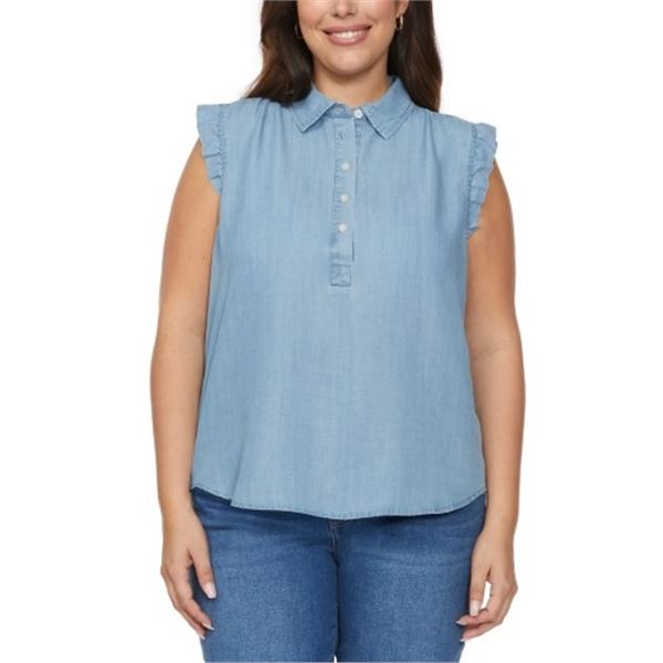 NEW LOFT RUFFLED SLEEVELESS DENIM TOP SIZE MED