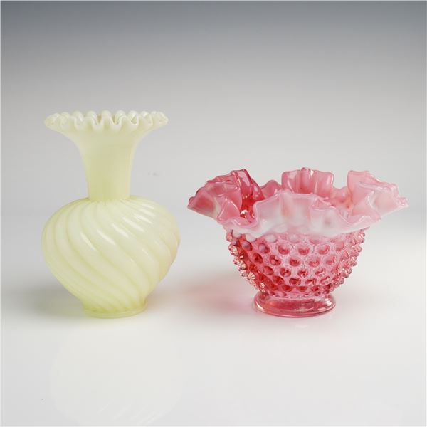 Fenton Art Glass 2pc Pale Yellow Swirl and Cranberry Opalescent Hobnail Vases