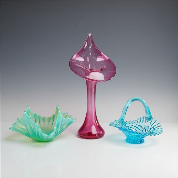 Fenton Art Glass, Hand-Blown and Opalescent, Three Ruffled Basket, Bowl, and Vase