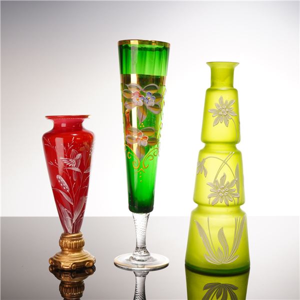 Collection of Three Bohemian and European Enameled and Etched Art Glass Vases