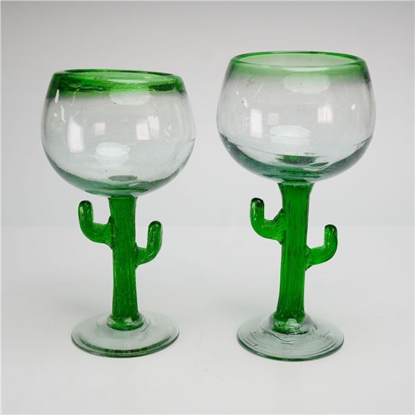 Artisan Mexican, Hand-Blown Bubble Glass Cactus Stem Margarita Goblets, Pair