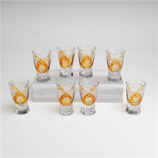 Bohemian Amber Cut-to-Clear Crystal Whiskey Glasses with Hand-Etched Floral Designs