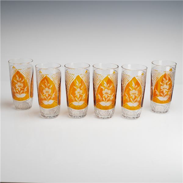 Bohemian Amber Cut-to-Clear Etched Floral Crystal Highball Glasses