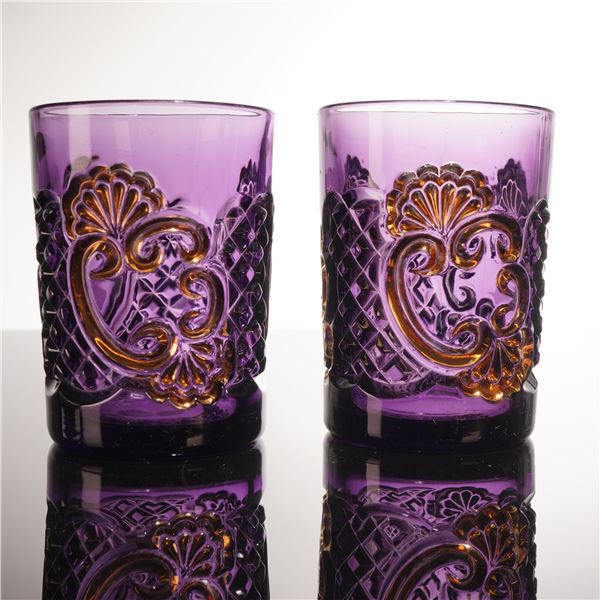 Riverside Glass Works, Croesus Pattern, Pair of Amethyst Glass Tumblers