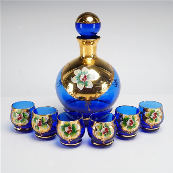 Venetian Murano Tre Fuoco Cobalt Blue and Gold Decanter Set with Stopper and 6 Glasses