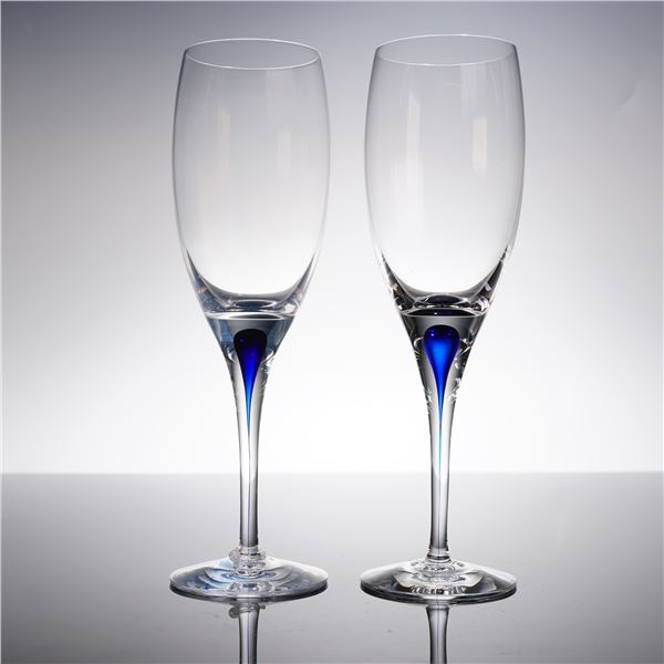 A Pair of Orrefors Intermezzo Blue Champagne Flutes