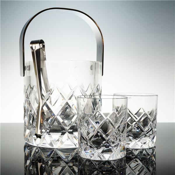 3pc Orrefors Crystal Soï¬ero Ice Bucket and Old Fashioned Glasses