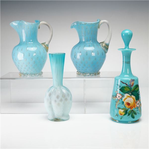 Four Victorian-Style Blue Glass Items Fenton Pitchers Painted Decanter