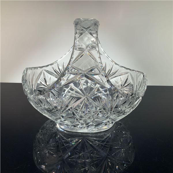 American Brilliant Period Style Hand Cut Crystal Basket with Starburst Design