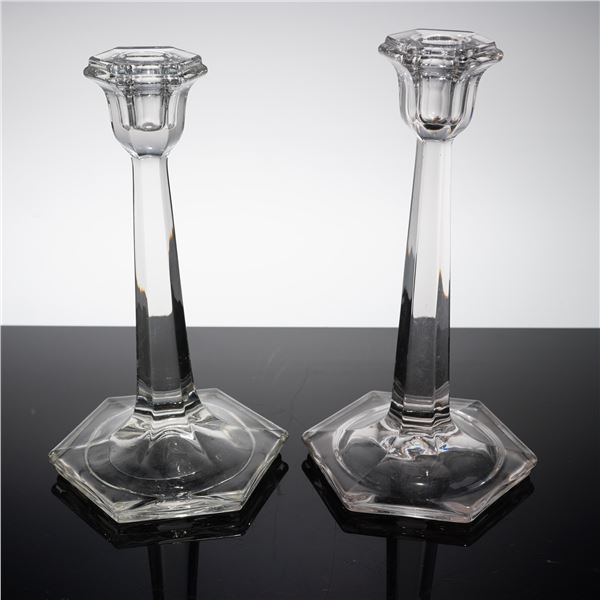 Art Deco Style Odessa Pattern Pair of Crystal Hexagonal Candlesticks