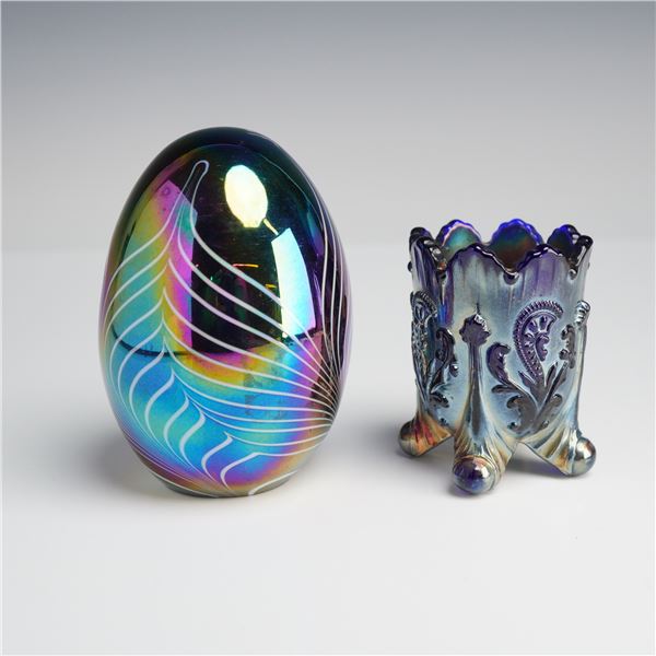 Liberty Village Pulled Feather Art Glass Egg and Northwood Paisley Carnival Glass Toothpick Holder