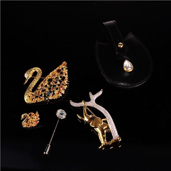 Gold-Plated Swarovski Crystal Society (SCS) Swan and Elephant Brooch and Pin Collection