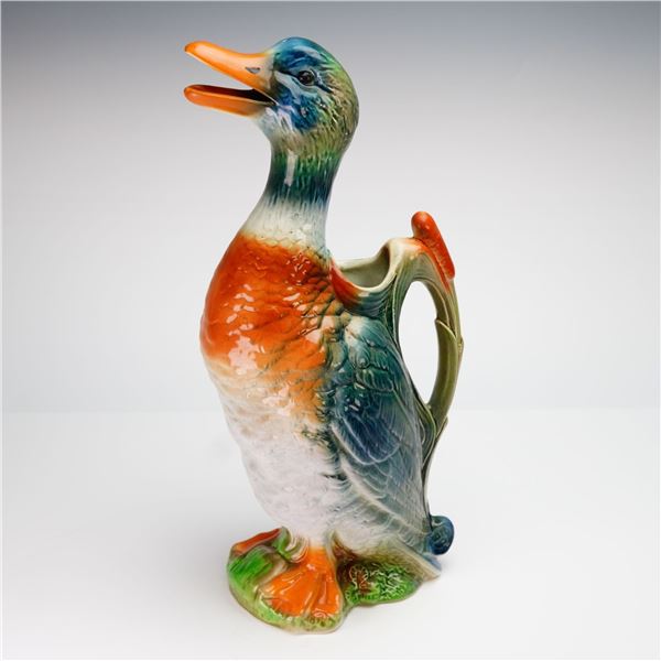 French St. Clement Majolica Mallard Duck Figural Pitcher