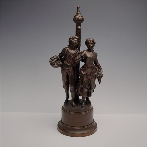 Figural Boy and Girl Lamp Sculpture with Central Post, Bronze-Finish