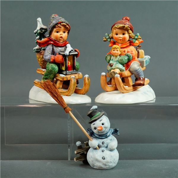 Goebel, Three Winter Figurines including Ride into Christmas and Special Delivery