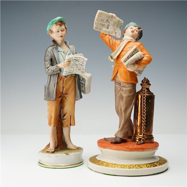 2pc Capodimonte and Sandro Maggioni Porcelain Newspaper Vendor Figurines