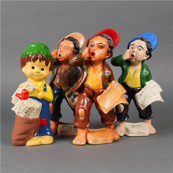 A Group of Four Ceramic Newspaper Boy Figurines, N. Cox, Dated 1970